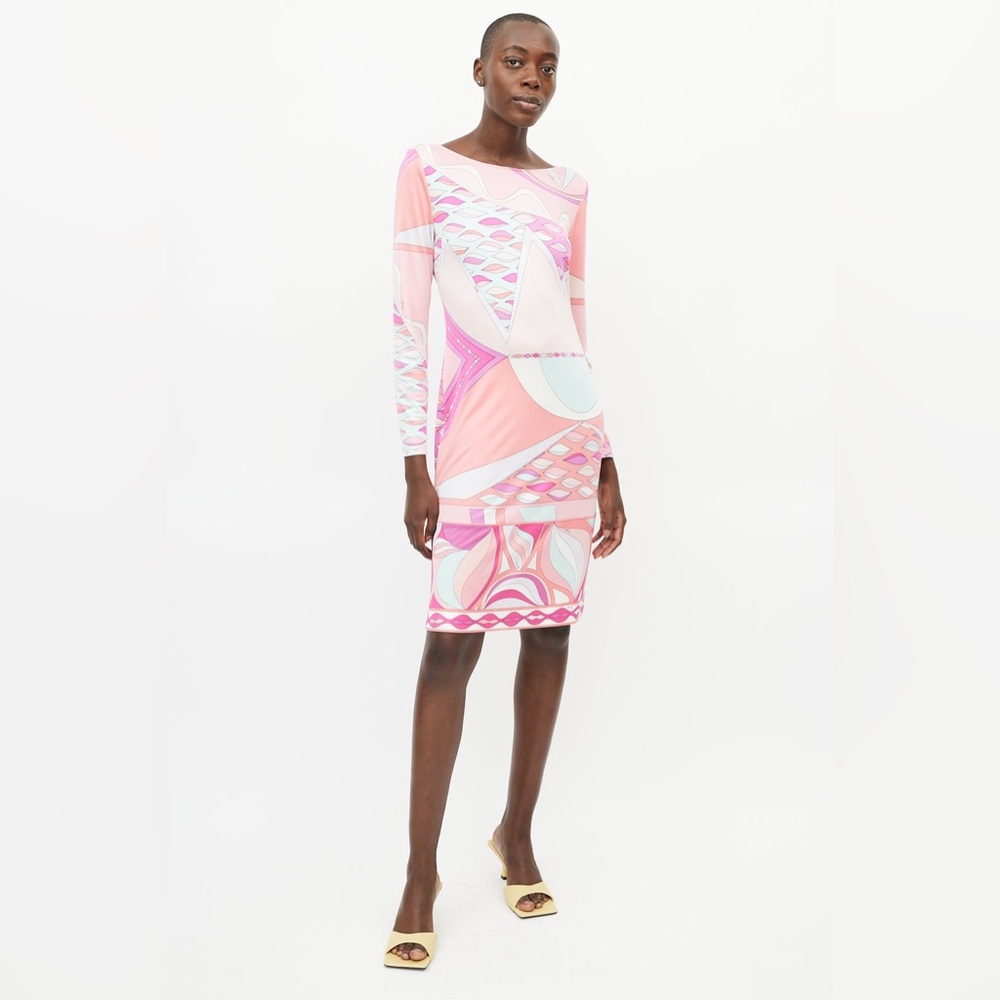 Emilio Pucci Firenze Long Sleeve Midi Dress Knee Length As Is Sz 4 Silk - Picture 10 of 10